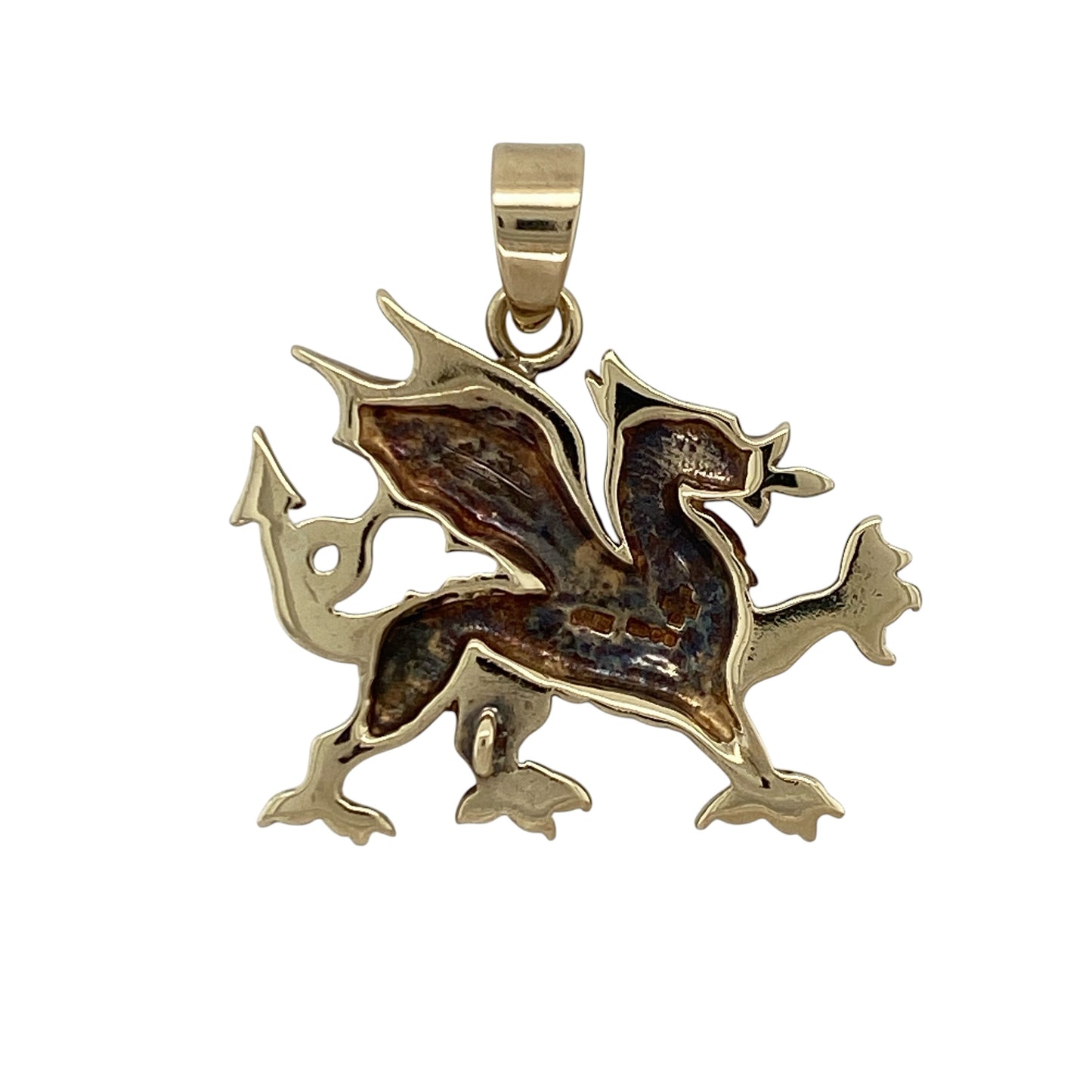 This pre-owned 9ct yellow gold large Welsh Dragon pendant is a bold statement piece that proudly celebrates Welsh heritage with an iconic design.

Design: The pendant features a detailed Welsh Dragon with a polished finish, creating a striking look that is ideal for wearing on its own or paired with a heavier chain. Its larger size makes it a standout addition to any jewellery collection.
Material: Made from 9-carat yellow gold.