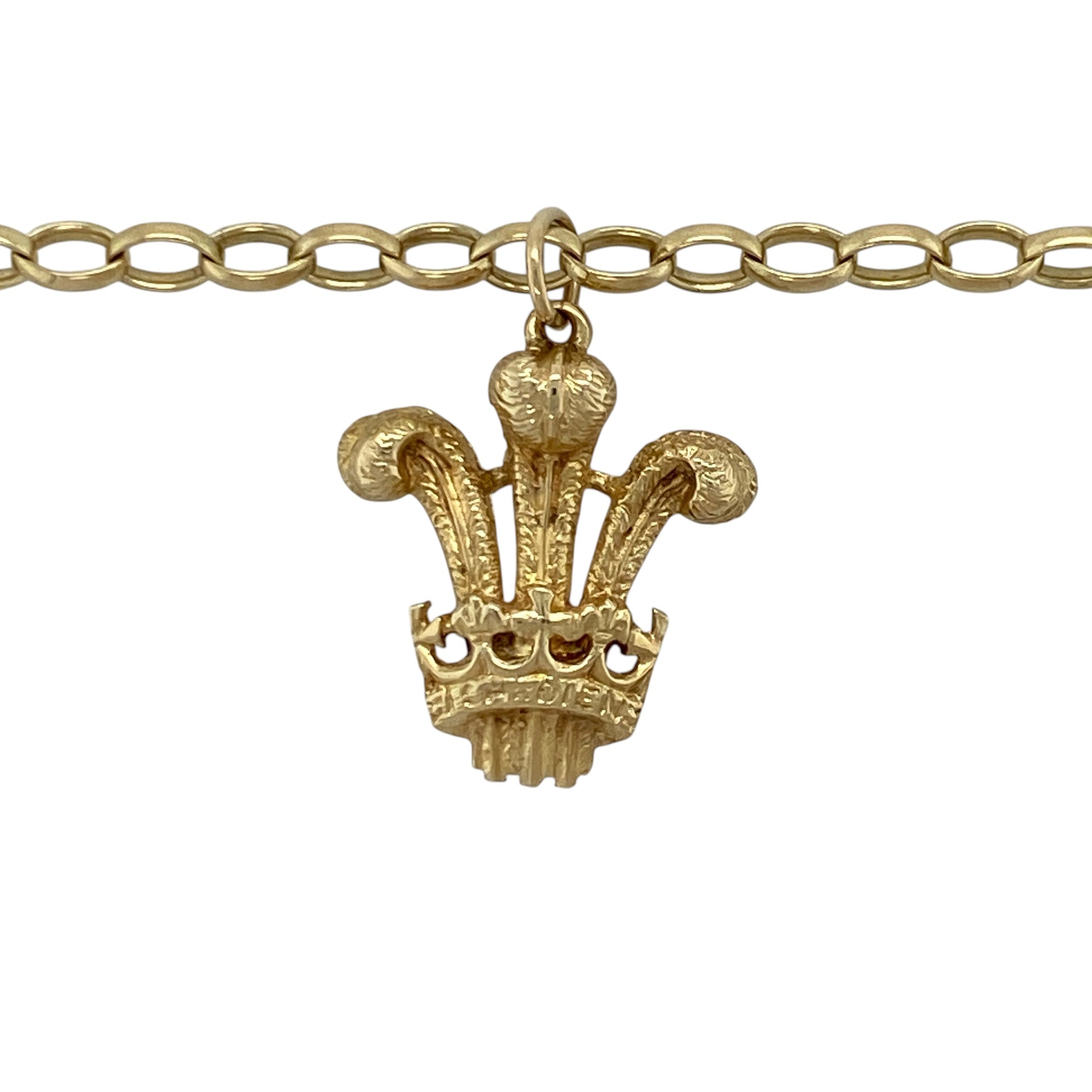 This pre-owned 9ct yellow gold Welsh Three Feathers pendant on a belcher chain necklace is a timeless piece celebrating one of Wales' most recognisable national emblems.

Design: The necklace features a detailed Welsh Three Feathers pendant suspended from a classic 19-inch belcher chain. With its polished finish and traditional design, it is perfect for everyday wear or as a meaningful gift.
Material: Made from 9-carat yellow gold.