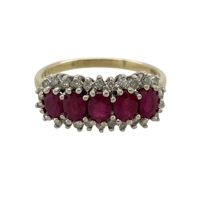 9ct Gold Diamond & Ruby Cluster Band Ring