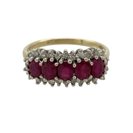 9ct Gold Diamond & Ruby Cluster Band Ring