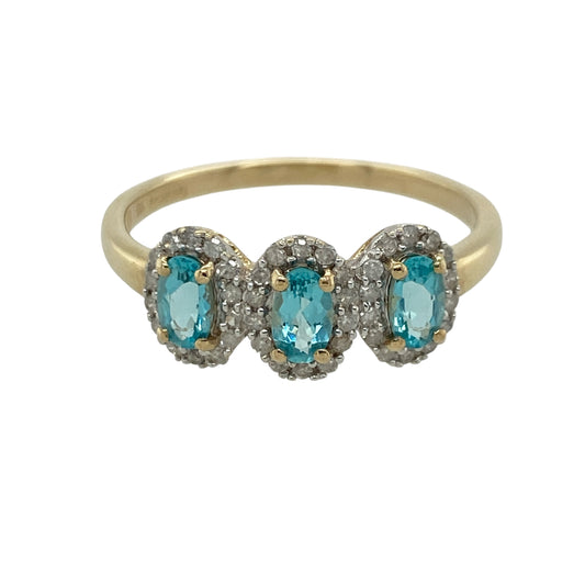 9ct Gold Diamond & Blue Stone Trilogy Cluster Ring