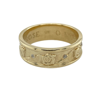 9ct Gold & Diamond Rose Patterned Band Ring