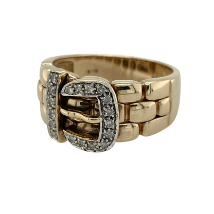This pre-owned 9ct yellow gold diamond set buckle ring is a bold and distinctive design, combining a classic buckle motif with sparkling diamond accents.

Design: The ring features a detailed buckle design across the front, symbolising strength and unity, with diamonds set into the buckle for added brilliance. Its substantial weight and eye-catching style make it a standout piece for everyday wear or special occasions.