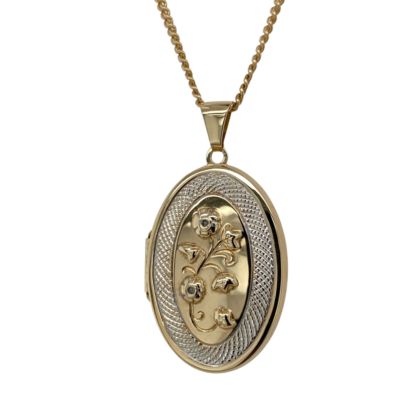 9ct Gold & Diamond Flower Oval Locket 20" Necklace