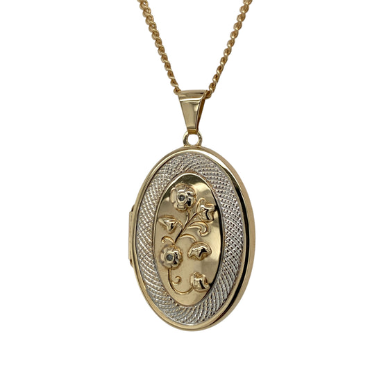 9ct Gold & Diamond Flower Oval Locket 20" Necklace