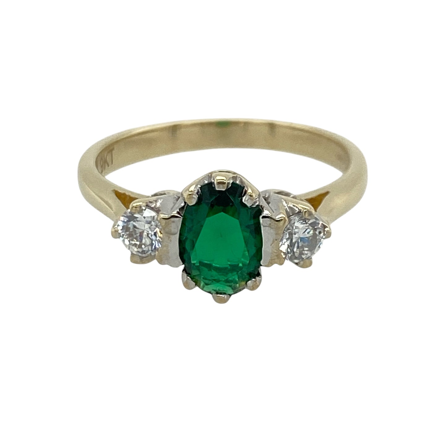 9ct Gold Green Stone & Cubic Zirconia Trilogy Ring