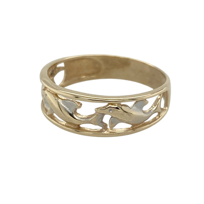 This pre-owned 9ct yellow and white gold three dolphin band ring features a charming marine-inspired design with elegant two-tone detailing.

Design: The ring showcases three beautifully detailed dolphins across the front of the band, with contrasting yellow and white gold enhancing the design. Measuring approximately 6mm wide at the front, it offers a distinctive look while remaining comfortable for everyday wear.
Material: Made from 9-carat yellow and white gold.