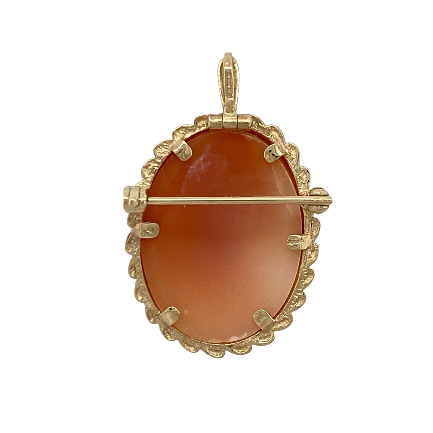 This pre-owned 9ct yellow gold oval cameo brooch/pendant is a timeless piece that can be worn as either a brooch or a pendant.

Design: Featuring a beautifully carved oval cameo set within an elegant rope style surround, this versatile piece can be worn pinned to clothing or suspended from a chain as a pendant. Its vintage-inspired design makes it a classic addition to any jewellery collection.
Material: Made from 9-carat yellow gold.
Gemstone Detail: Oval cameo measuring approximately 24mm by 18mm