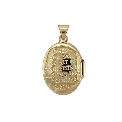 This pre-owned 9ct yellow and white gold oval footprints locket is a meaningful keepsake featuring a heartfelt engraved message.

Design: This elegant oval locket showcases a yellow and white gold footprints design on the front, while the reverse is engraved with the touching inscription, "When you saw one set of footprints it was then that I carried you." The locket opens to hold a treasured photograph or small memento, making it a thoughtful and sentimental piece.