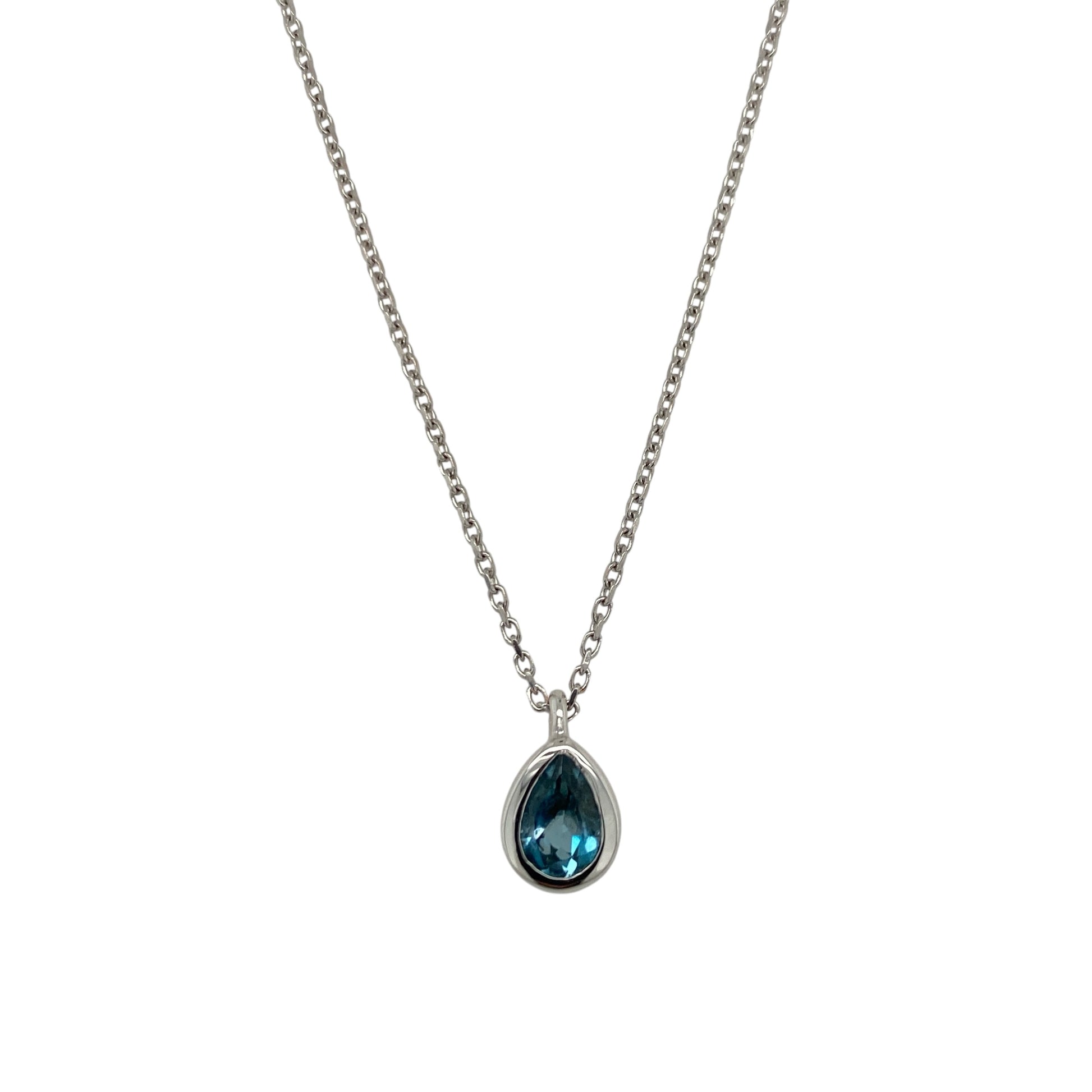 14ct White Gold & Blue Topaz Teardrop 16" - 18" Necklace