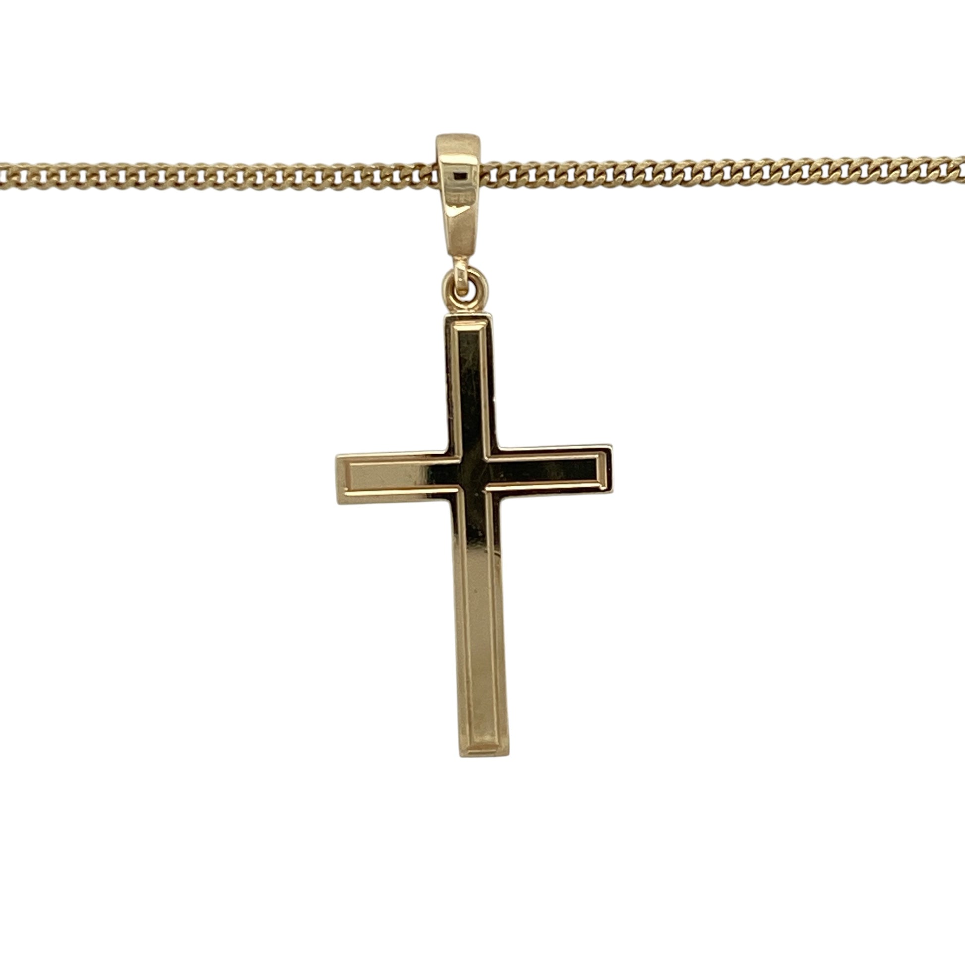 This pre-owned 9ct yellow gold cross pendant necklace is a timeless piece that combines classic style with everyday wearability.

Design: Suspended from an 18-inch curb chain, the polished cross pendant has a traditional design that makes it suitable for both daily wear and special occasions. Its generous size creates a striking yet elegant look.
Material: Made from 9-carat yellow gold.
Necklace Detail: Polished cross pendant measuring approximately 3.6cm long including the bail