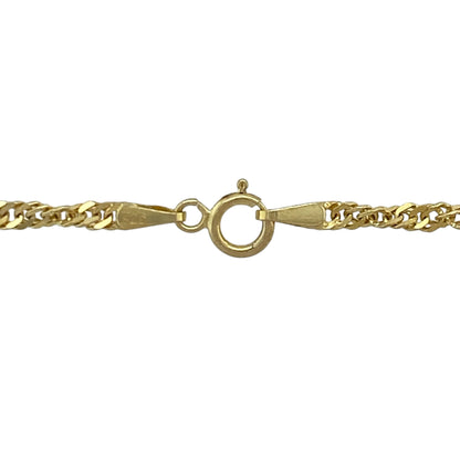 This pre-owned 9ct yellow gold Singapore chain is a delicate and elegant necklace, perfect for wearing alone or paired with your favourite pendant.

Design: Featuring the distinctive twisted Singapore link design, this 20-inch chain catches the light beautifully while maintaining a lightweight and comfortable feel. Its timeless style makes it ideal for everyday wear or layering with other necklaces.
Material: Made from 9-carat yellow gold.