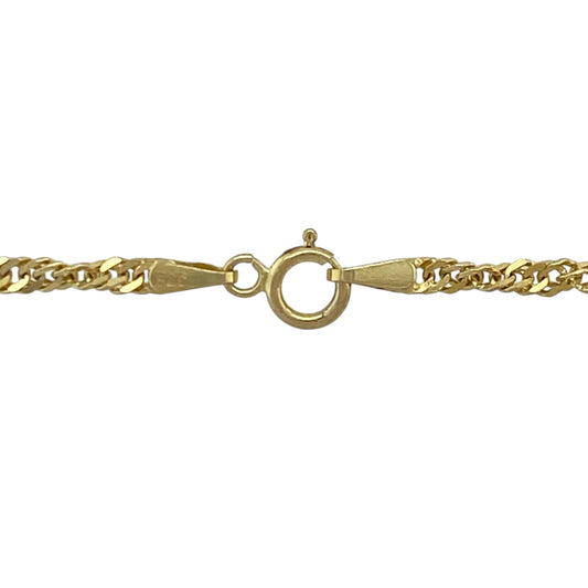 This pre-owned 9ct yellow gold Singapore chain is a delicate and elegant necklace, perfect for wearing alone or paired with your favourite pendant.

Design: Featuring the distinctive twisted Singapore link design, this 20-inch chain catches the light beautifully while maintaining a lightweight and comfortable feel. Its timeless style makes it ideal for everyday wear or layering with other necklaces.
Material: Made from 9-carat yellow gold.