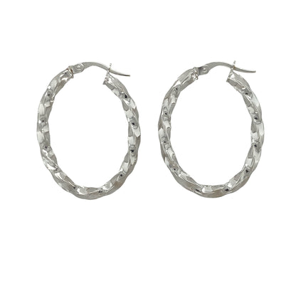 9ct White Gold Twisted Oval Creole Earrings