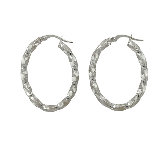 9ct White Gold Twisted Oval Creole Earrings