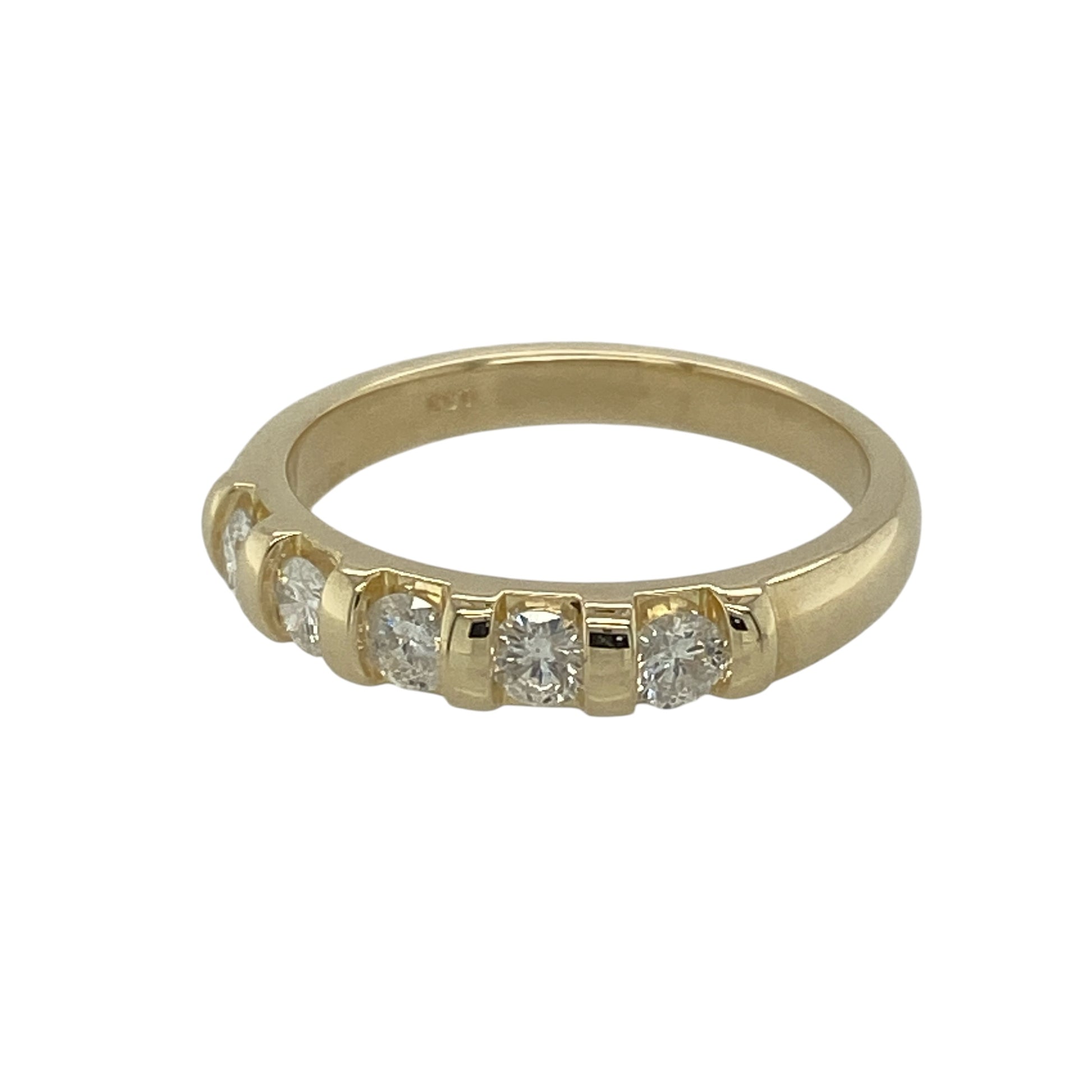 This pre-owned 9ct yellow gold diamond five stone band ring is a timeless design, showcasing five brilliant cut diamonds with exceptional sparkle.

Design: Featuring five brilliant cut diamonds set across the front of the band, this classic ring offers approximately 0.50ct total diamond content. The approximately 3.5mm wide front creates an elegant balance of sparkle and everyday wearability, making it perfect as a wedding, anniversary or dress ring.
Material: Made from 9-carat yellow gold.