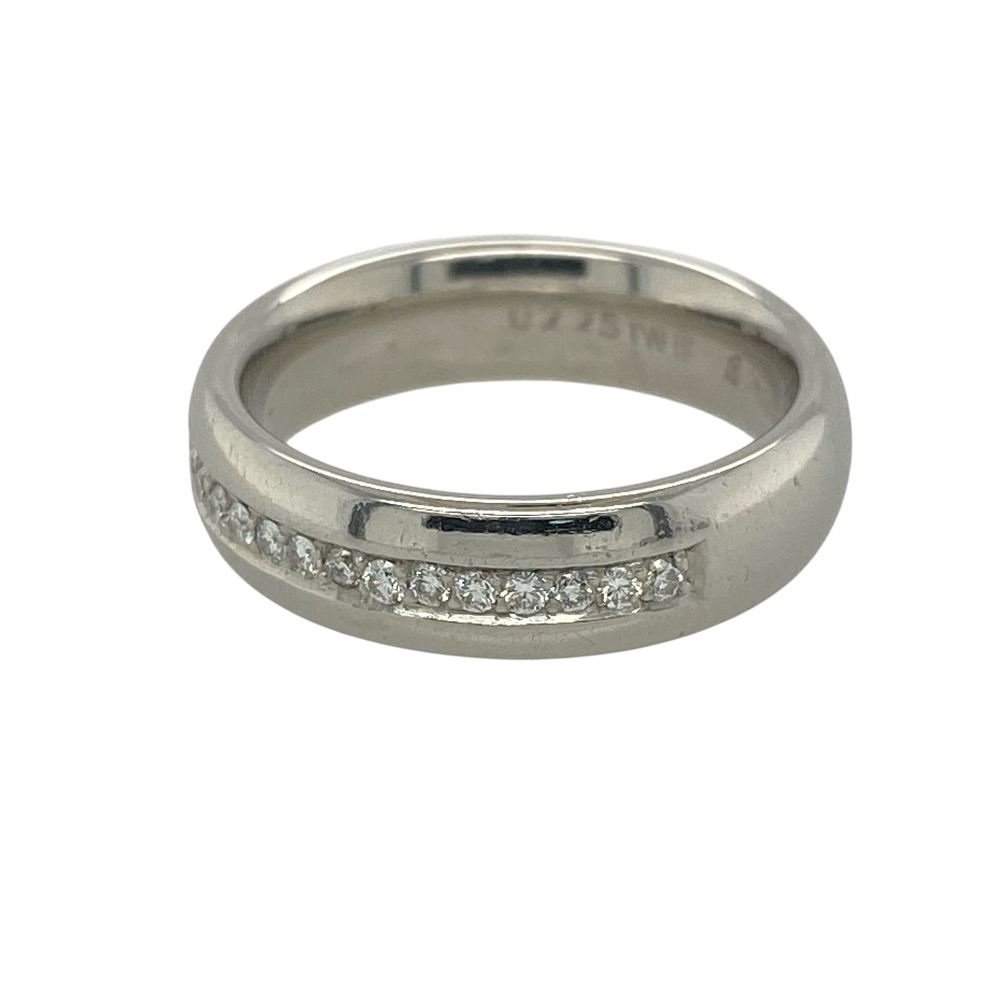 This pre-owned platinum diamond band ring is a substantial and timeless piece, combining the enduring strength of platinum with elegant diamond sparkle.

Design: Featuring a polished 5mm wide platinum band, this ring is set with a single row of sparkling diamonds running across the centre of half the band. With an approximate total diamond weight of 0.25ct, the clean and sophisticated design makes it ideal as a wedding band, anniversary ring or everyday piece.
Material: Made from platinum.