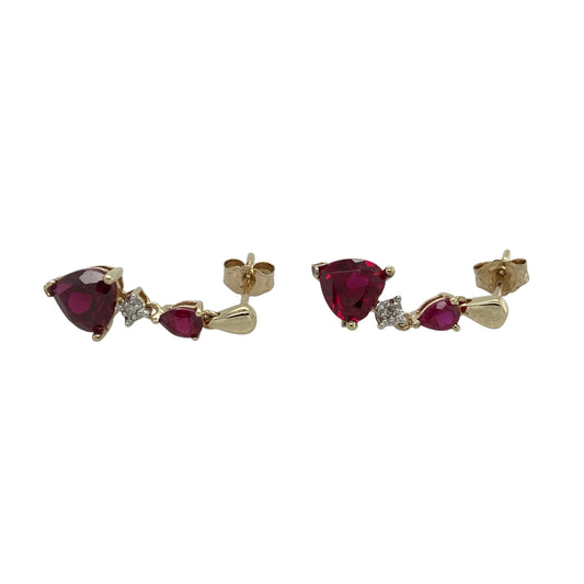 9ct Gold Diamond & Ruby Heart Drop Earrings