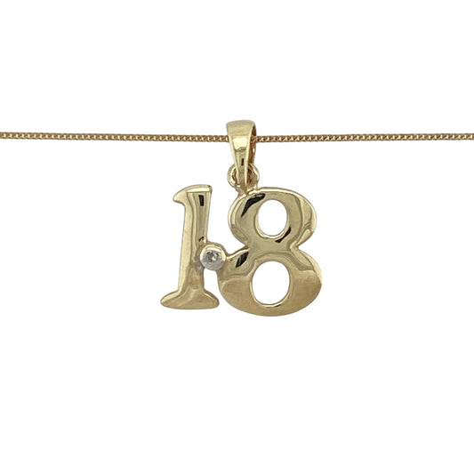 This pre-owned 9ct yellow gold diamond set '18' pendant necklace is a meaningful keepsake, perfect for celebrating a special milestone birthday.

Design: Featuring a sparkling diamond set '18' pendant suspended from a fine 18-inch curb chain, this elegant necklace is a timeless way to mark an eighteenth birthday or commemorate a special occasion. The pendant measures approximately 1.6cm long including the bail, offering a delicate yet eye-catching finish.