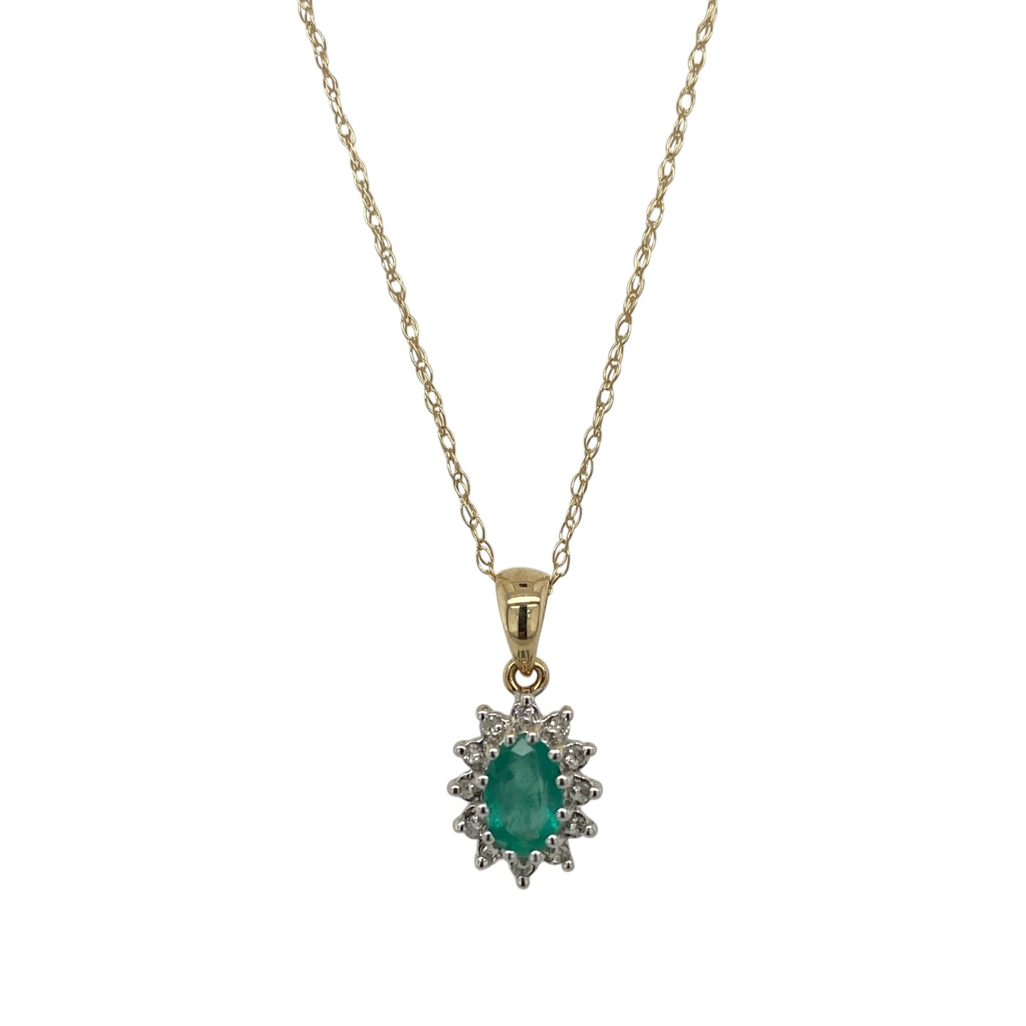 9ct Gold Diamond & Emerald Cluster 19" Necklace