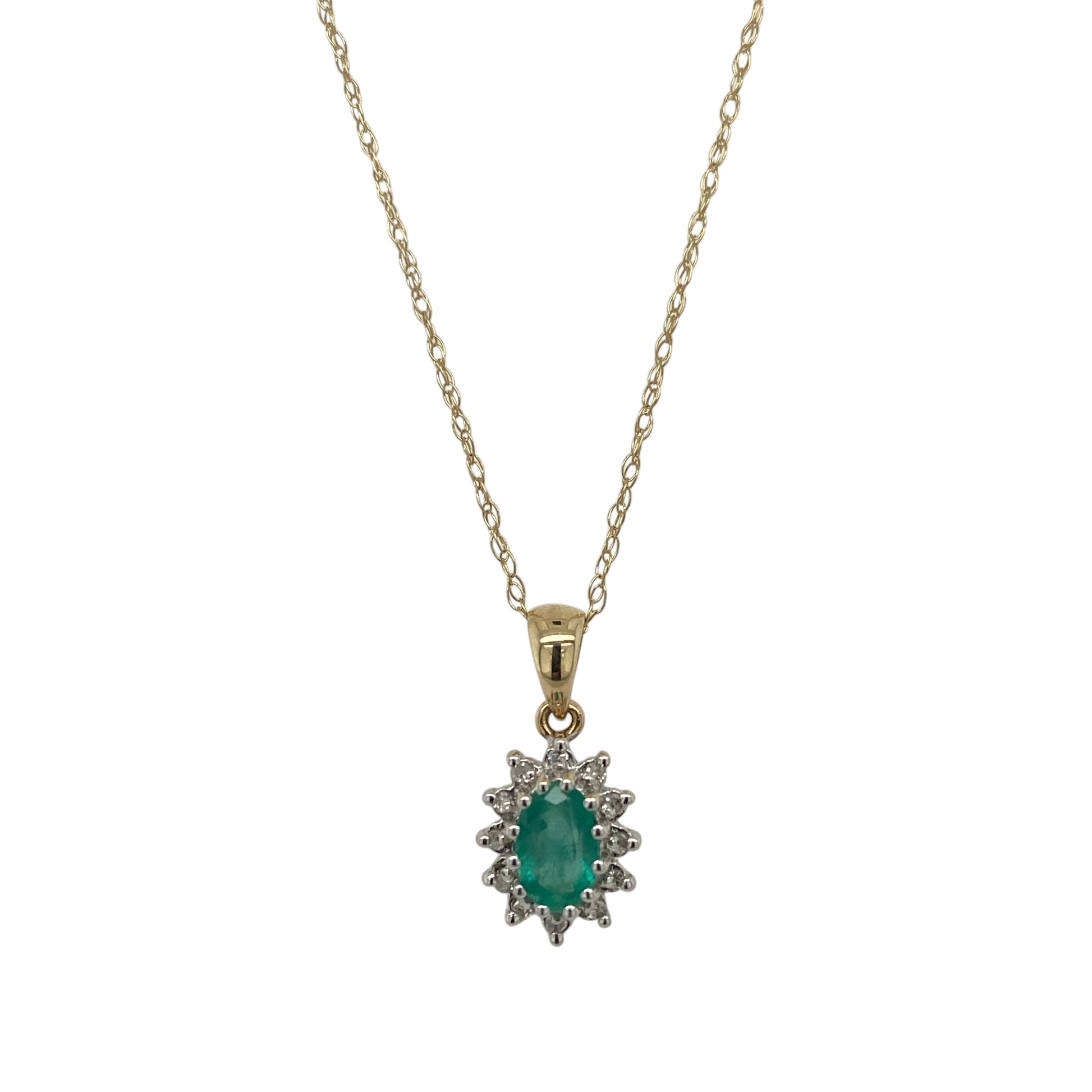 9ct Gold Diamond & Emerald Cluster 19" Necklace