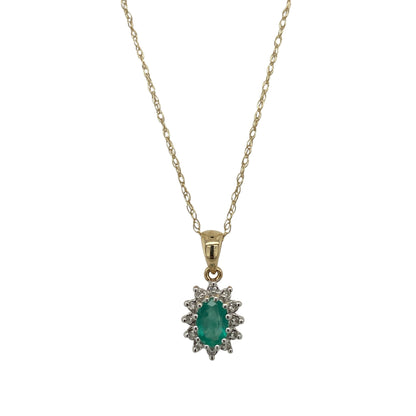 9ct Gold Diamond & Emerald Cluster 19" Necklace
