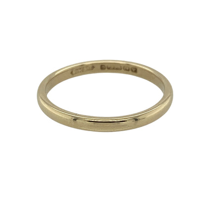 This pre-owned 9ct yellow gold wedding band ring is a timeless classic, offering simple elegance and enduring style.

Design: Featuring a polished 2mm wide band, this traditional wedding ring has a slim and comfortable profile that is ideal for everyday wear. Its classic design makes it perfect as a wedding band, stacking ring or a subtle addition to any jewellery collection.
Material: Made from 9-carat yellow gold.
Ring Detail: Classic wedding band measuring approximately 2mm wide in size O to P.