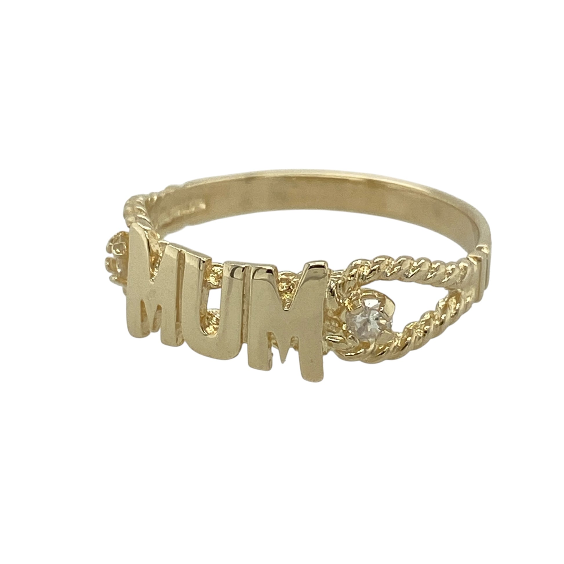 This pre-owned 9ct yellow gold cubic zirconia Mum ring is a meaningful and timeless piece, celebrating someone special with elegant sparkle.

Design: Featuring the word 'Mum' across the front of the ring, this sentimental design is accented by a sparkling 3mm round cubic zirconia on either side. Measuring approximately 7mm wide at the front, it offers a lovely balance of meaningful design and everyday elegance.
Material: Made from 9-carat yellow gold.