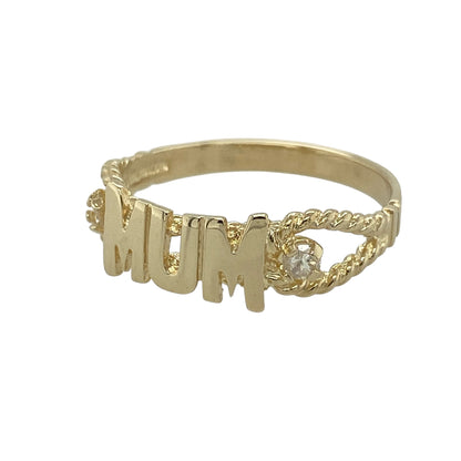 This pre-owned 9ct yellow gold cubic zirconia Mum ring is a meaningful and timeless piece, celebrating someone special with elegant sparkle.

Design: Featuring the word 'Mum' across the front of the ring, this sentimental design is accented by a sparkling 3mm round cubic zirconia on either side. Measuring approximately 7mm wide at the front, it offers a lovely balance of meaningful design and everyday elegance.
Material: Made from 9-carat yellow gold.