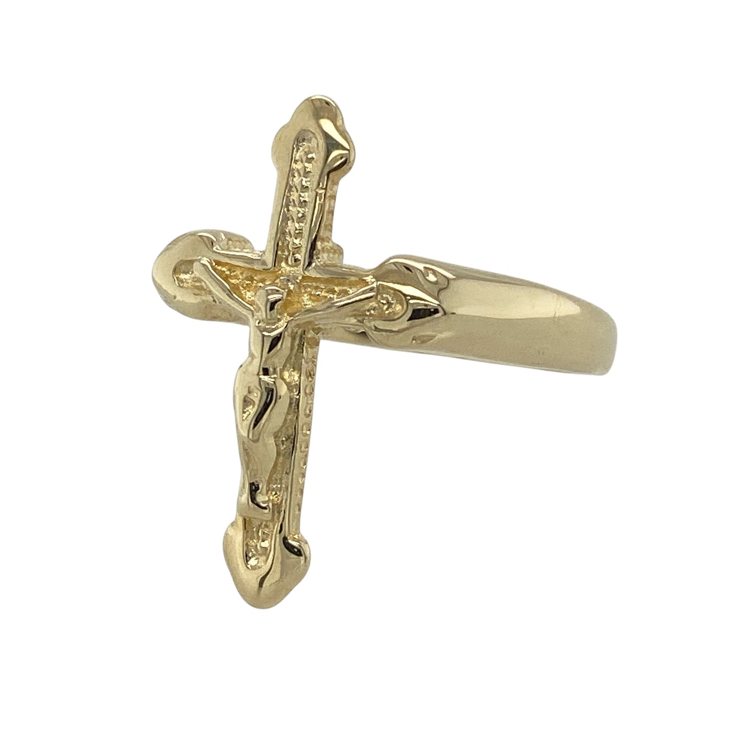 This pre-owned 9ct yellow gold crucifix ring is a bold and meaningful piece, combining timeless style with a symbol of faith.

Design: Featuring a striking crucifix design across the front, this distinctive ring measures approximately 21mm high, creating an eye-catching statement. The polished yellow gold finish enhances the detailed design, making it a meaningful piece that is ideal for everyday wear or as a special gift.
Material: Made from 9-carat yellow gold.