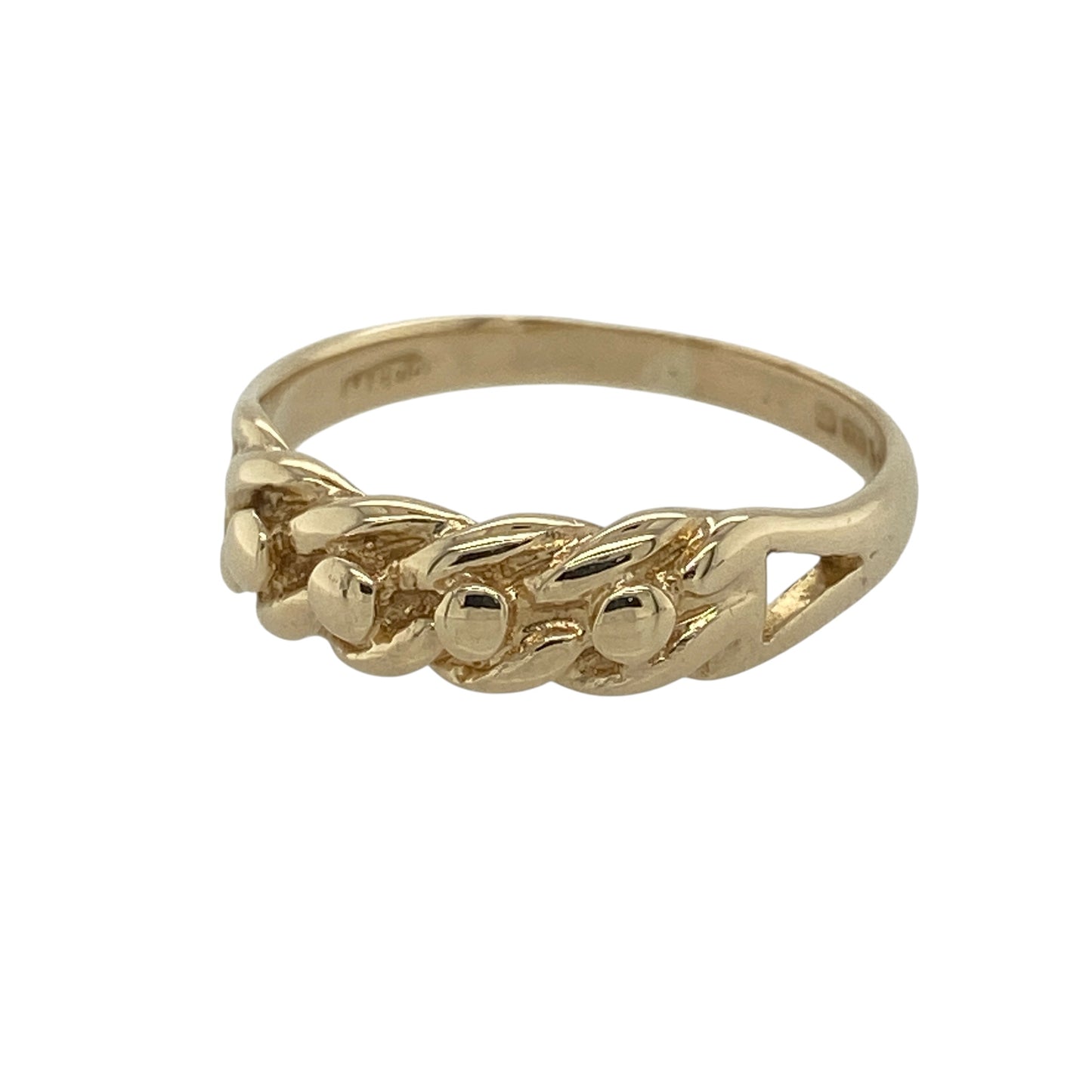 This pre-owned 9ct yellow gold keeper band ring is a timeless piece, featuring the classic woven design that has remained a favourite for generations.

Design: Showcasing the traditional keeper style with its distinctive interwoven pattern, this ring measures approximately 5mm wide across the front. Its classic design gives it a bold yet comfortable look, making it ideal for everyday wear or as a unique addition to any jewellery collection.
Material: Made from 9-carat yellow gold.