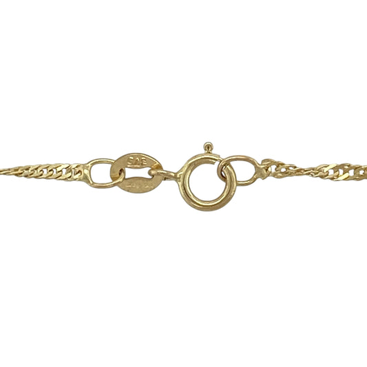 This pre-owned 9ct yellow gold Singapore chain is a timeless and elegant piece, featuring a beautifully twisted design that catches the light with every movement.

Design: Featuring the classic Singapore link pattern, this 20-inch chain has a delicate twisted finish that creates exceptional sparkle and fluidity. Measuring approximately 1.5mm wide, it is perfect for wearing on its own or paired with a favourite pendant.
Material: Made from 9-carat yellow gold.