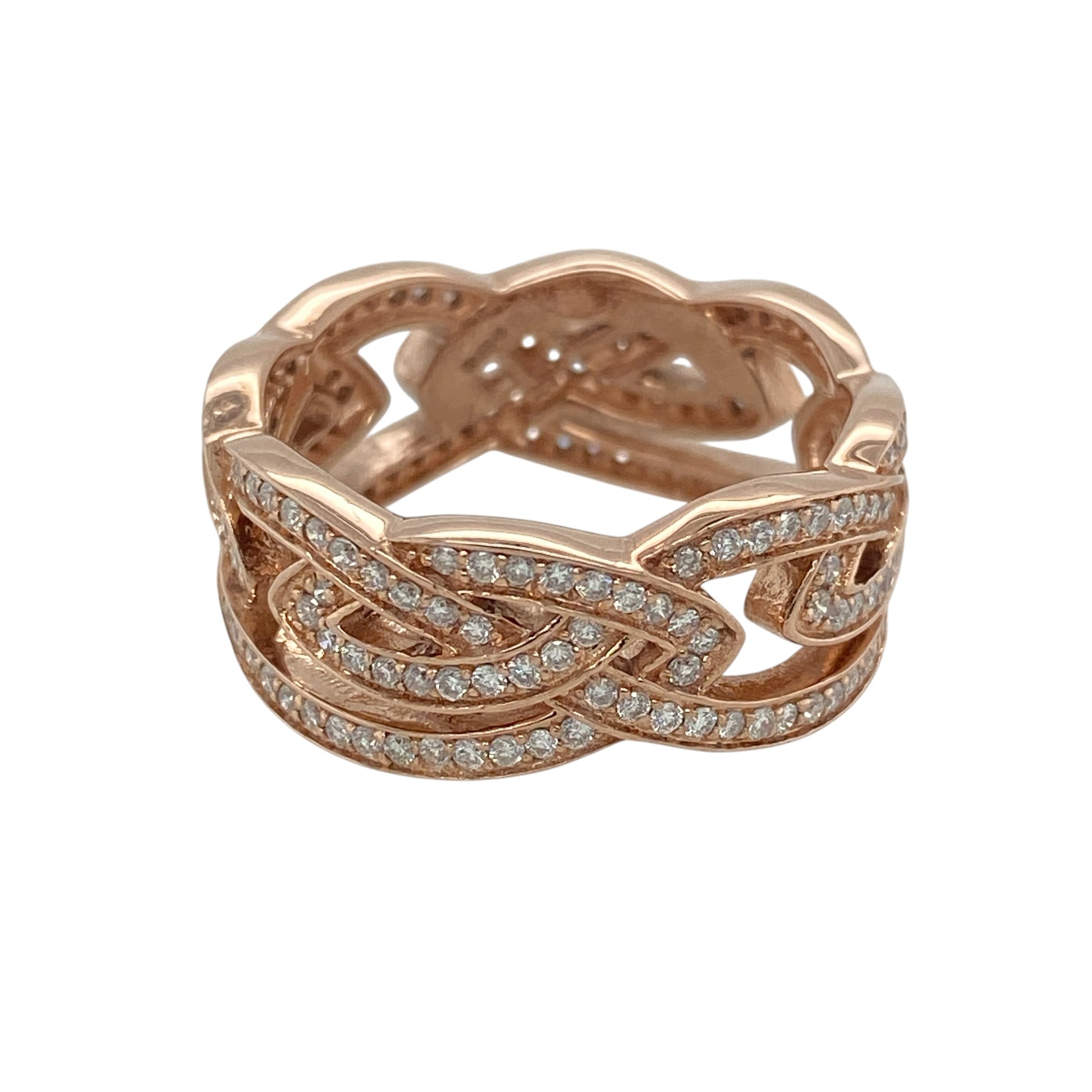 This pre-owned 9ct rose gold diamond Clogau open Celtic knot band ring beautifully combines elegant Welsh heritage with timeless contemporary design.

Design: Featuring an intricate open Celtic knot pattern across an 8mm wide band, this striking Clogau ring symbolises everlasting love and unity. The elegant rose gold finish is complemented by sparkling diamond detailing, creating a distinctive piece that is perfect for everyday wear or special occasions.