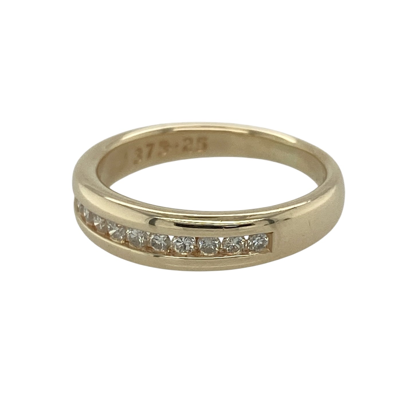 This pre-owned 9ct yellow gold diamond band ring is a timeless design, combining classic styling with sparkling diamonds for effortless elegance.

Design: Featuring a polished 5mm wide band, this elegant ring is set with approximately 0.25ct of diamonds across the front, creating a beautiful display of sparkle. Its classic design makes it ideal as a dress ring, anniversary ring or a stylish everyday piece.
Material: Made from 9-carat yellow gold.
Gemstone Detail: Approximately 0.25ct total diamond content.