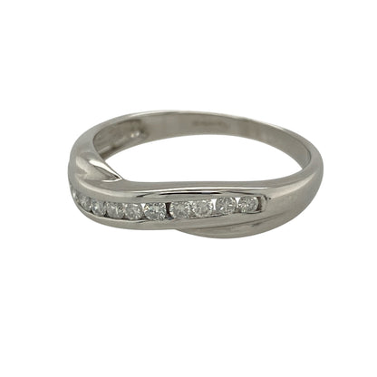 This pre-owned 9ct white gold diamond crossover band ring is a stylish and contemporary design, combining elegant curves with beautiful diamond sparkle.

Design: Featuring a graceful crossover band design measuring approximately 4mm wide across the front, this ring is set with approximately 0.25ct of diamonds for a brilliant finish. Its flowing lines and timeless style make it a versatile choice for everyday wear, stacking or as a meaningful gift.
Material: Made from 9-carat white gold.