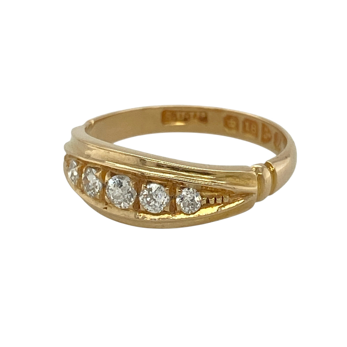 This pre-owned 18ct yellow gold diamond five stone band ring is a timeless design, combining classic elegance with beautiful diamond sparkle.

Design: Featuring five sparkling diamonds set across the front of the band, this elegant ring offers a traditional style that never goes out of fashion. Measuring approximately 6mm wide across the front and containing approximately 0.28ct of total diamond content, it is an excellent choice as an anniversary ring, wedding band or sophisticated everyday piece.