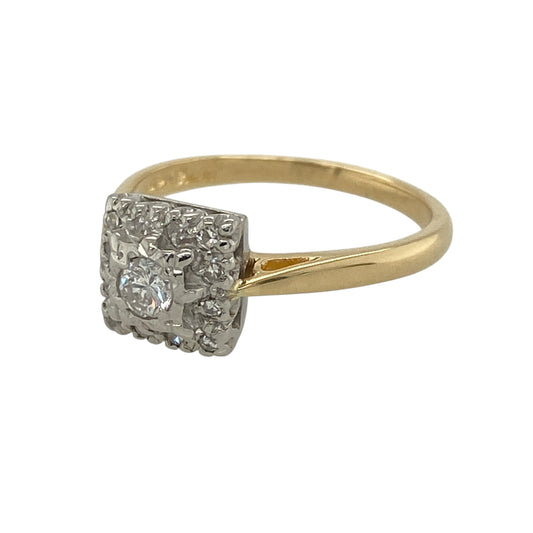 This pre-owned 18ct yellow gold and platinum diamond vintage style cluster ring is a timeless design, beautifully combining classic elegance with intricate period-inspired detailing.

Design: Featuring a square-shaped diamond cluster in a platinum setting, this elegant ring is complemented by an 18-carat yellow gold band for a striking two-tone finish. The vintage-inspired design gives the ring a distinctive antique feel while the sparkling cluster creates the appearance of a larger centrepiece