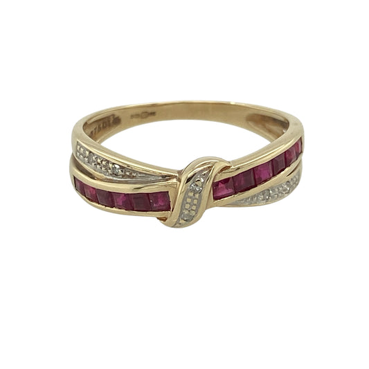 9ct Gold Diamond & Ruby Crossover Band Ring