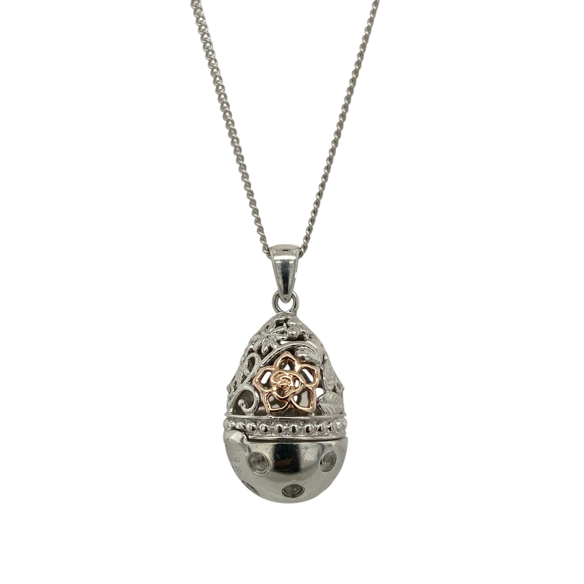 925 Silver & White Topaz Patterned Hinged Egg 18" - 22" Necklace