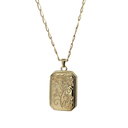 9ct Gold Flower Patterned Rectangle Locket 20" Necklace
