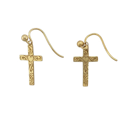 9ct Gold Patterned Cross Drop Earrings