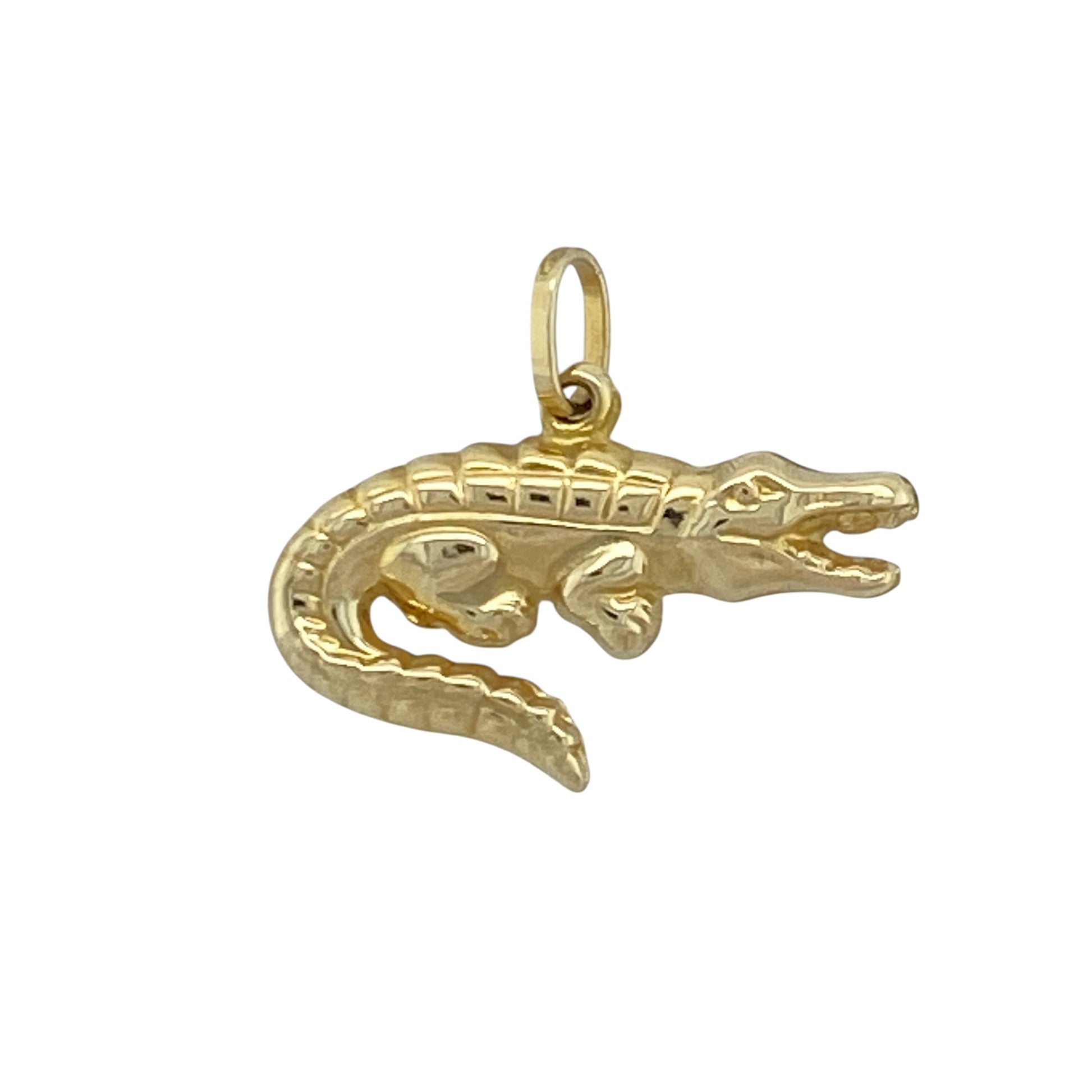 This pre-owned 9ct yellow gold crocodile pendant is a fun and distinctive design, featuring detailed animal-inspired styling in a classic yellow gold finish.

Design: Featuring a crocodile-shaped design, this unusual pendant offers plenty of character and makes a distinctive alternative to a traditional gold pendant.
Material: Made from 9-carat yellow gold.
Pendant Detail: Crocodile-shaped pendant with a bail measuring approximately 4mm by 3mm.
Size & Weight: Total weight 0.60 grams.