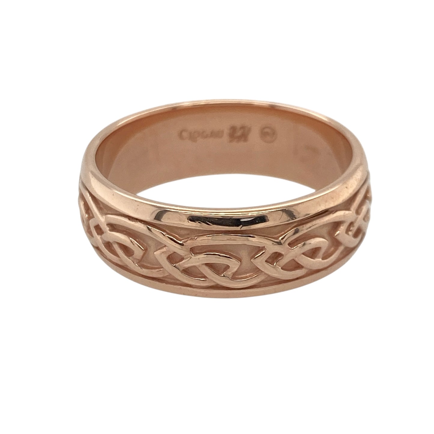 Bring heritage charm and symbolic elegance to your collection with this pre-owned Clogau Annwyl Celtic knot band ring in 9ct rose gold—a meaningful design inspired by Welsh tradition.

Design: The ring features an 8mm wide band decorated with an intricate Celtic knot pattern, symbolising eternity, unity, and interconnectedness.
Material: Made from 9-carat rose gold, the polished finish highlights the warm blush tones and enhances the detailed knotwork.