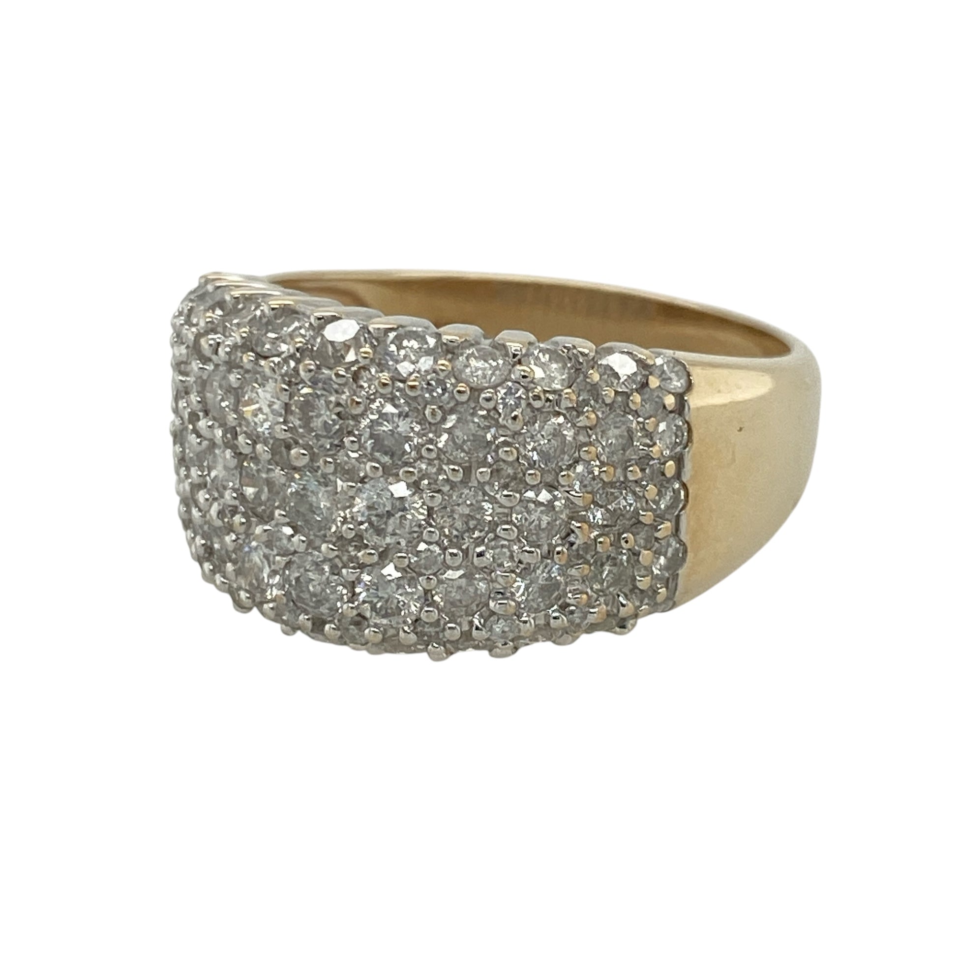 This pre-owned 9ct yellow gold diamond five row wide band ring is a bold statement design, featuring approximately 1.10ct of diamond content across five rows.

Design: Featuring five rows of diamonds set across a wide yellow gold band, this ring offers a substantial and eye-catching look with plenty of diamond detail. The front of the band measures approximately 12mm high, creating a bold statement on the hand.
Material: Made from 9-carat yellow gold.