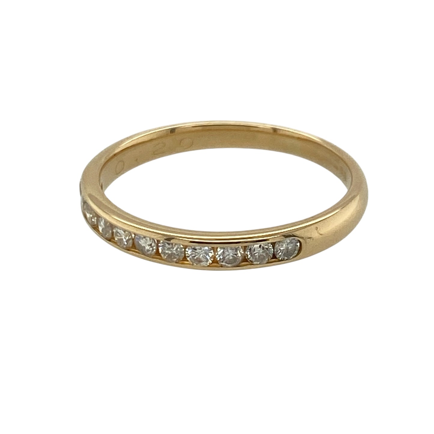 This pre-owned 18ct yellow gold diamond band ring is a classic and delicate design, featuring approximately 0.20ct of diamond content across the front.

Design: Featuring diamonds set across a slim yellow gold band, this ring offers a timeless design that can be worn alone or paired with other rings.
Material: Made from 18-carat yellow gold.
Gemstone Detail: Approximately 0.20ct of diamond content set in total.
Ring Detail: Diamond set band measuring approximately 2mm wide at the front.