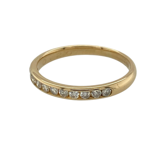 This pre-owned 18ct yellow gold diamond band ring is a classic and delicate design, featuring approximately 0.20ct of diamond content across the front.

Design: Featuring diamonds set across a slim yellow gold band, this ring offers a timeless design that can be worn alone or paired with other rings.
Material: Made from 18-carat yellow gold.
Gemstone Detail: Approximately 0.20ct of diamond content set in total.
Ring Detail: Diamond set band measuring approximately 2mm wide at the front.