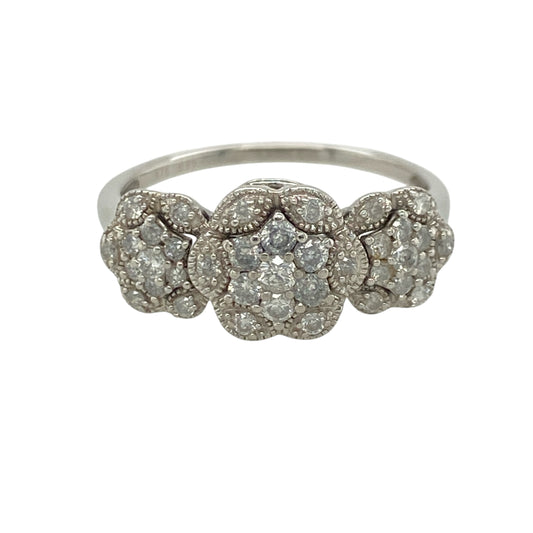 9ct White Gold & Diamond Trilogy Flower Cluster Ring