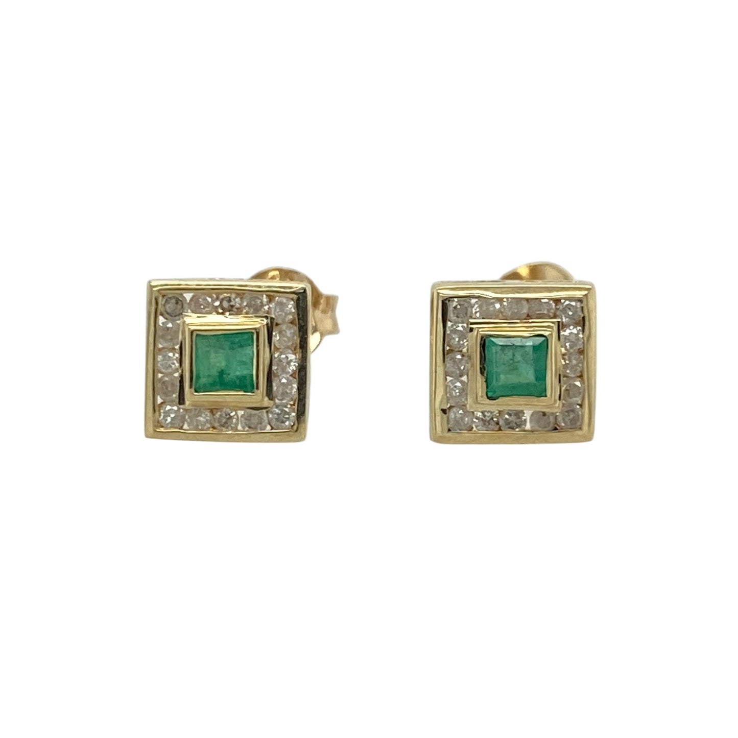 These pre-owned 9ct yellow gold diamond and emerald square cluster stud earrings are a classic gemstone design, combining rich green emeralds with diamond detailing.

Design: Featuring square cluster settings, each stud has a central emerald surrounded by diamonds, creating a compact and timeless gemstone design.
Material: Made from 9-carat yellow gold.
Gemstone Detail: Each earring features a 2mm by 2mm emerald surrounded by diamonds.
Earring Detail: Square cluster stud design.