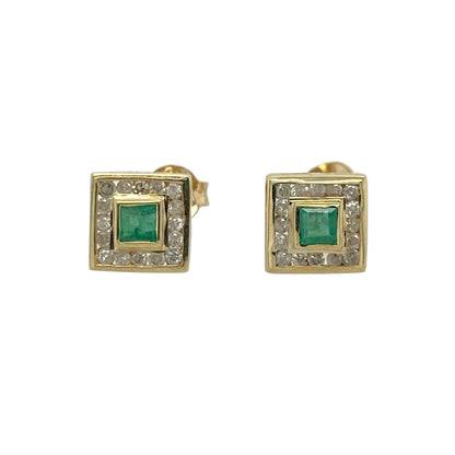These pre-owned 9ct yellow gold diamond and emerald square cluster stud earrings are a classic gemstone design, combining rich green emeralds with diamond detailing.

Design: Featuring square cluster settings, each stud has a central emerald surrounded by diamonds, creating a compact and timeless gemstone design.
Material: Made from 9-carat yellow gold.
Gemstone Detail: Each earring features a 2mm by 2mm emerald surrounded by diamonds.
Earring Detail: Square cluster stud design.
