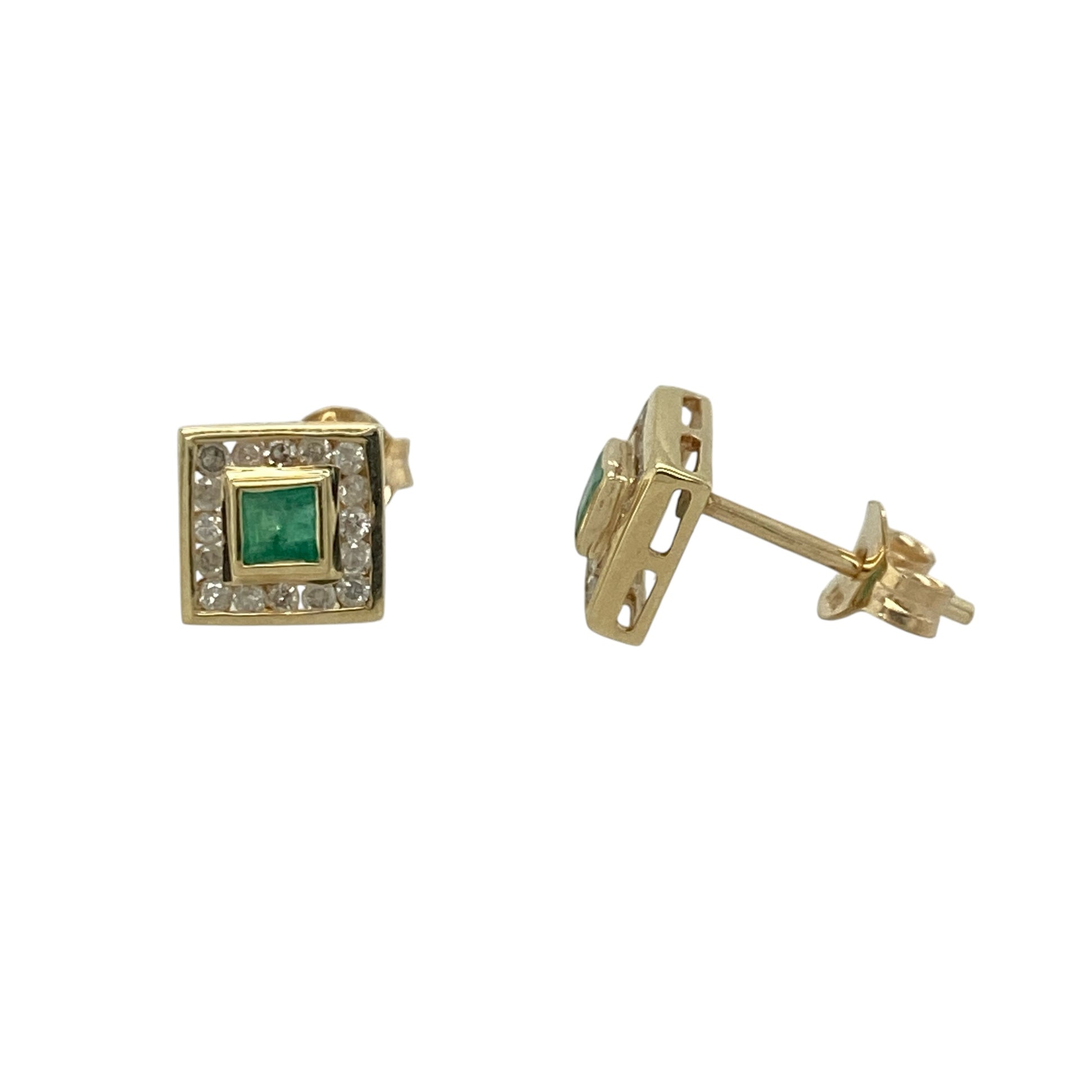 9ct Gold Diamond & Emerald Square Cluster Stud Earrings